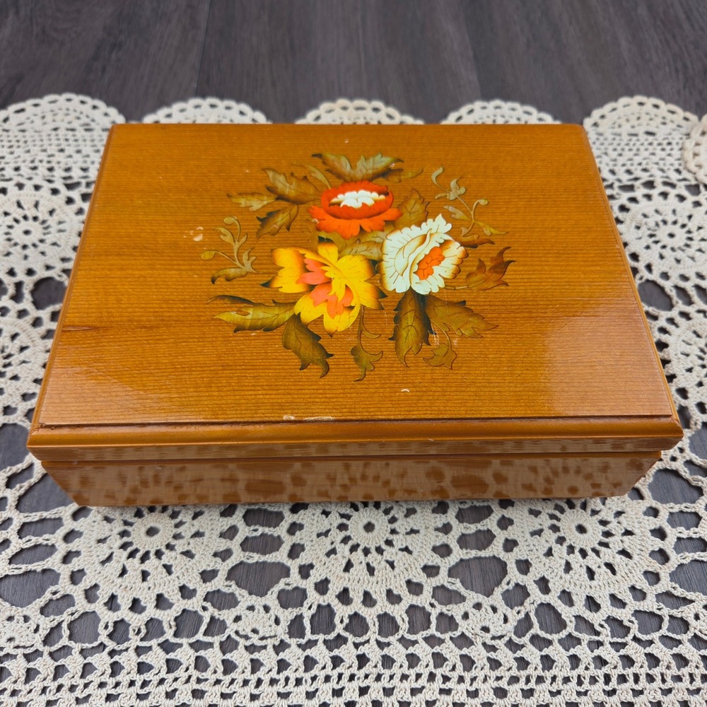 Vintage Rustic Floral Wood Music Jewelry Box Brown Cottagecore - Works!